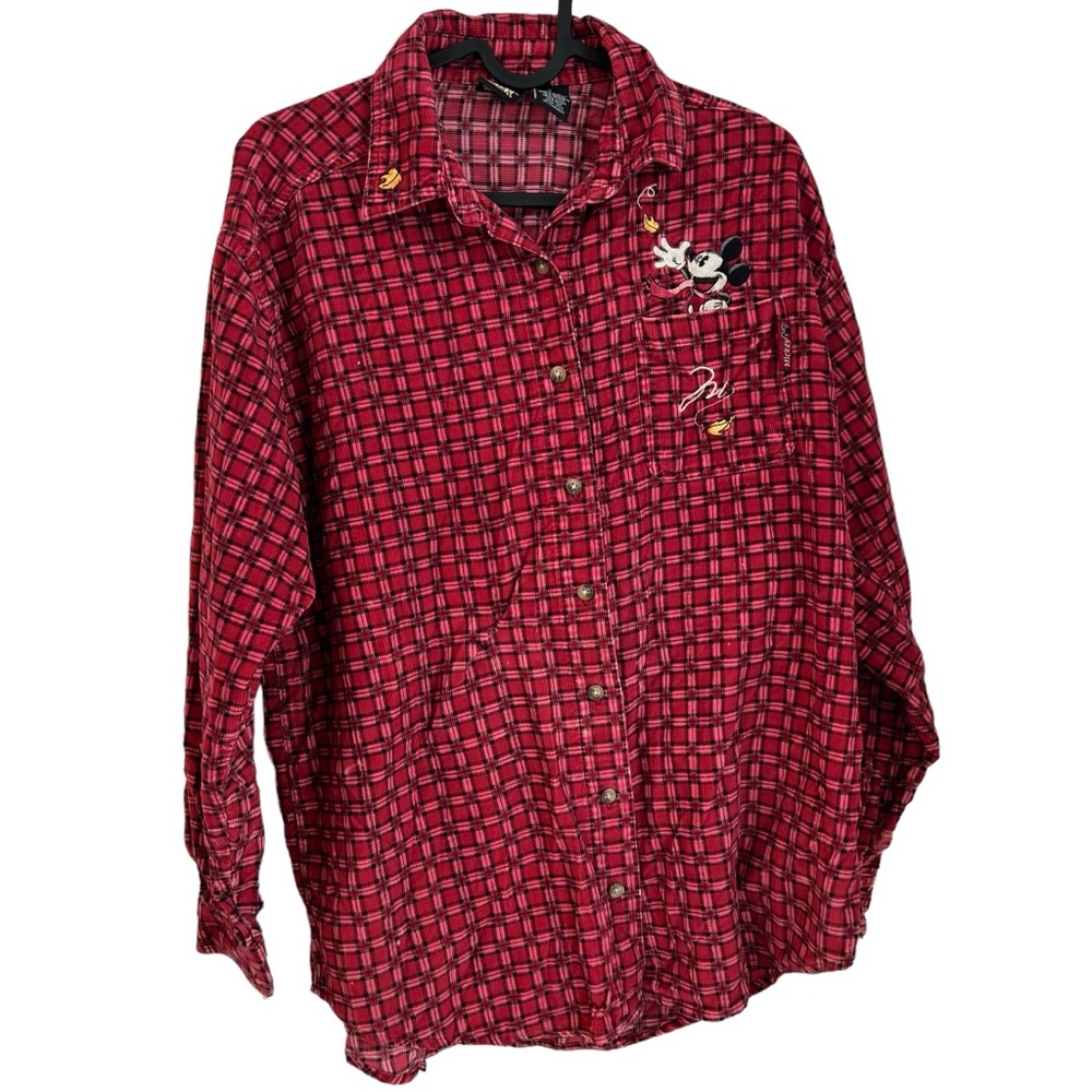 Mickey Mouse button down collared Shirt Sz S Vintage 90s Corduroy red plaid